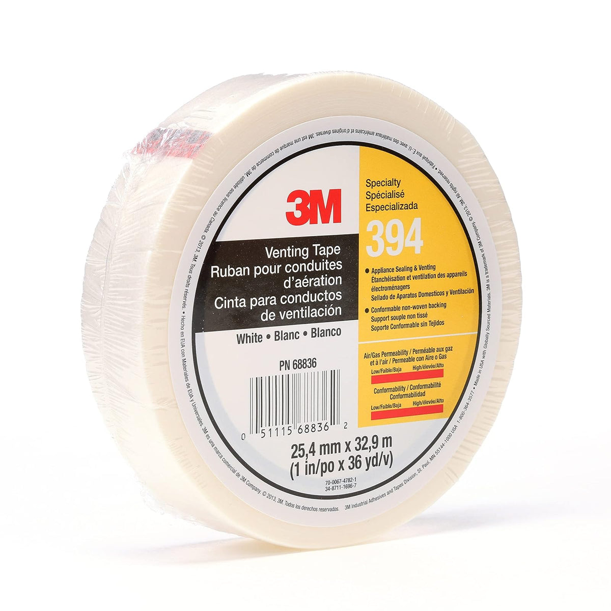 3M Venting Tape 394 White, Blanco, 1 in x 36 yd