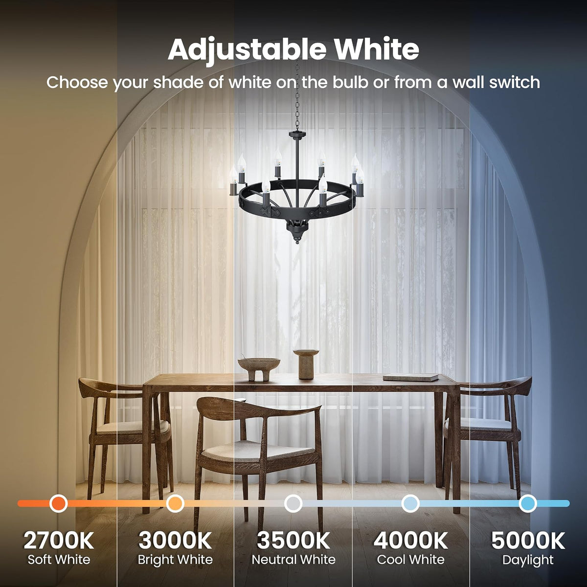 Feit Electric CA10 - foco LED con punta de llama, equivalente a 40 W, regulable, seleccionable en color de 6 vías, 5CCT, base de vela E12, 90 CRI, 450 lúmenes, foco de araña, 22 años de vida, CFF40