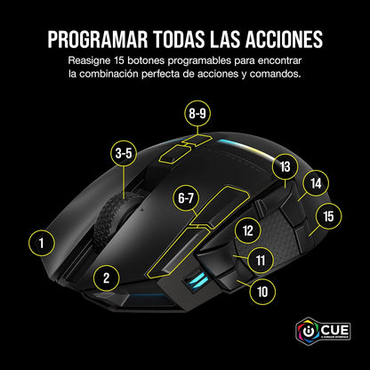 Corsair DARKSTAR Ratón Inalámbrico RGB Para Juegos MMO - 26.000 PPP - 15 Botones Programables - Batería Hasta 80 Horas - Compatible con iCUE - PC, PS5, PS4, Xbox - Negro
