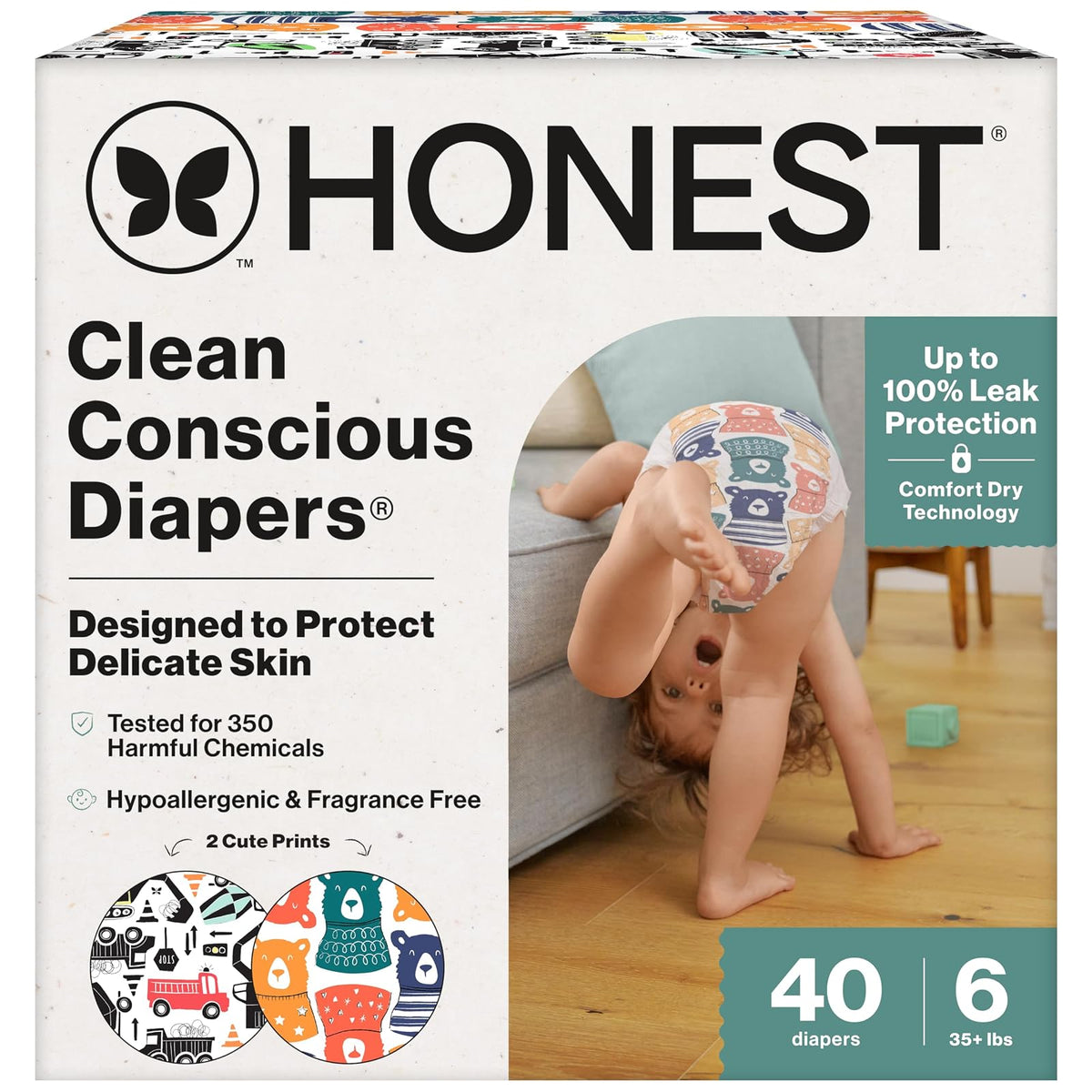 The Honest Company Pañales Clean Conscious, Hipoalergénicos, Sin Fragancia - Size 6 (40 Count) - Beary Cool + Camiones Grandes