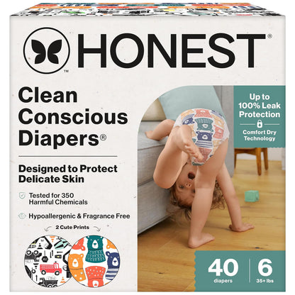 The Honest Company Pañales Clean Conscious, Hipoalergénicos, Sin Fragancia - Size 6 (40 Count) - Beary Cool + Camiones Grandes