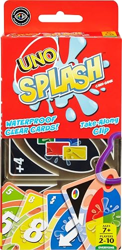 UNO Juego de Cartas Splash Resistente al Agua Versión Portátil con Clip Ideal para Playa Piscina o Viajes para Niños de 7 Años en Adelante