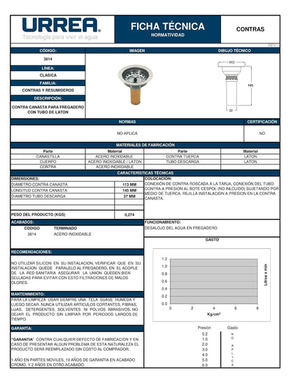 URREA 3814 Contra Canasta para Fregadero con Tubo de Latón, Terminado Acero Inoxidable