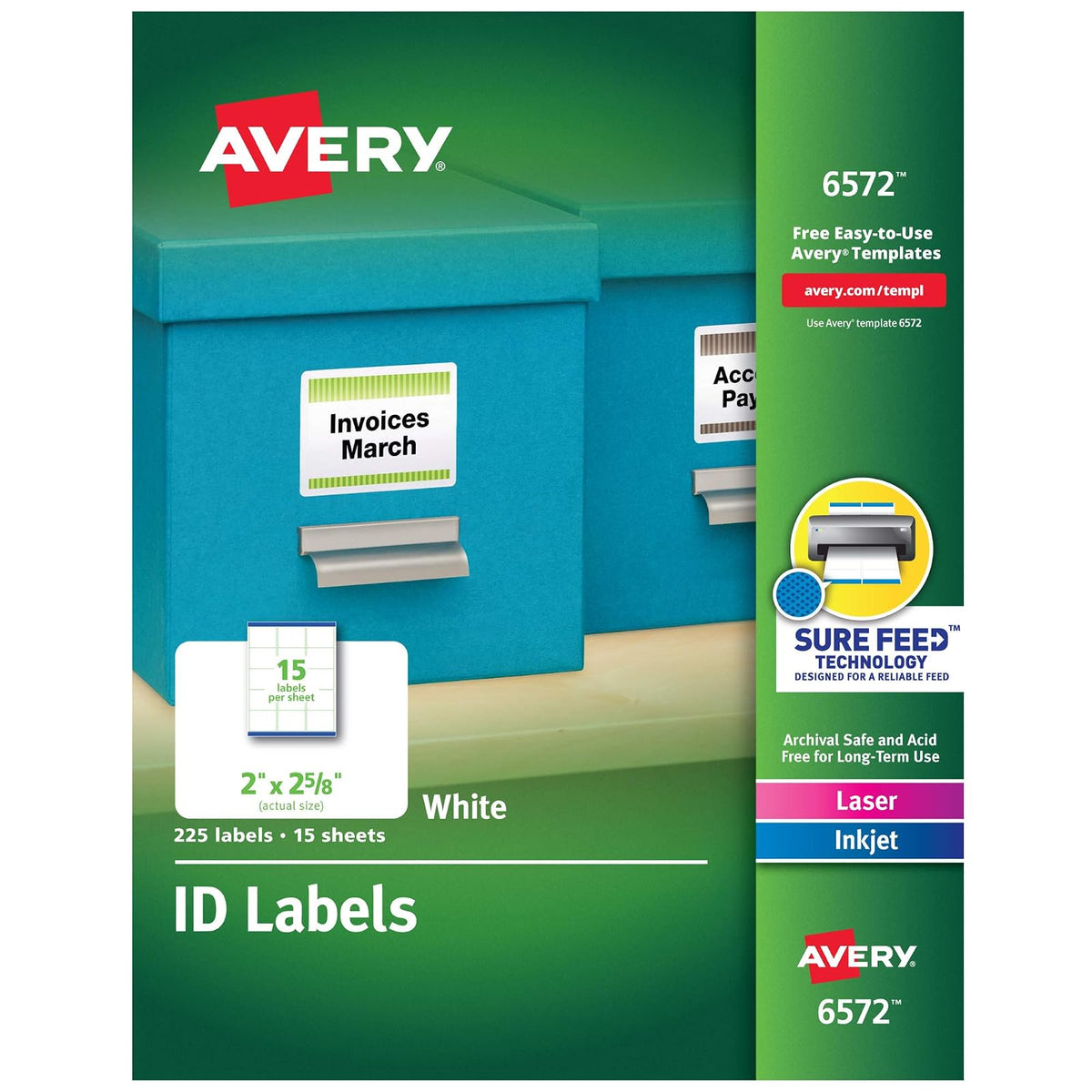 Avery Etiquetas de identificación, tecnología Sure Feed, calcomanía permanente, 2 x 2-5/8 pulgadas, 225 etiquetas (6572)
