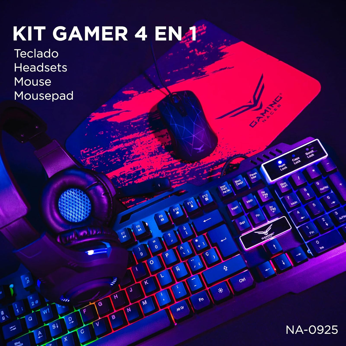 KIT GAMER 4 EN 1 NACEB NA-0925 / Kit teclado y Mouse Led RGB / Diadema LED Doble 3.5 mm + USB / Mousepad de alta precisión