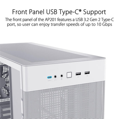 ASUS Prime AP201 White MicroATX Edición de vidrio templado compatible con tarjetas gráficas de hasta 338 mm, enfriadores de 360 mm y PSU ATX estándar, paneles laterales sin herramientas, panel lateral