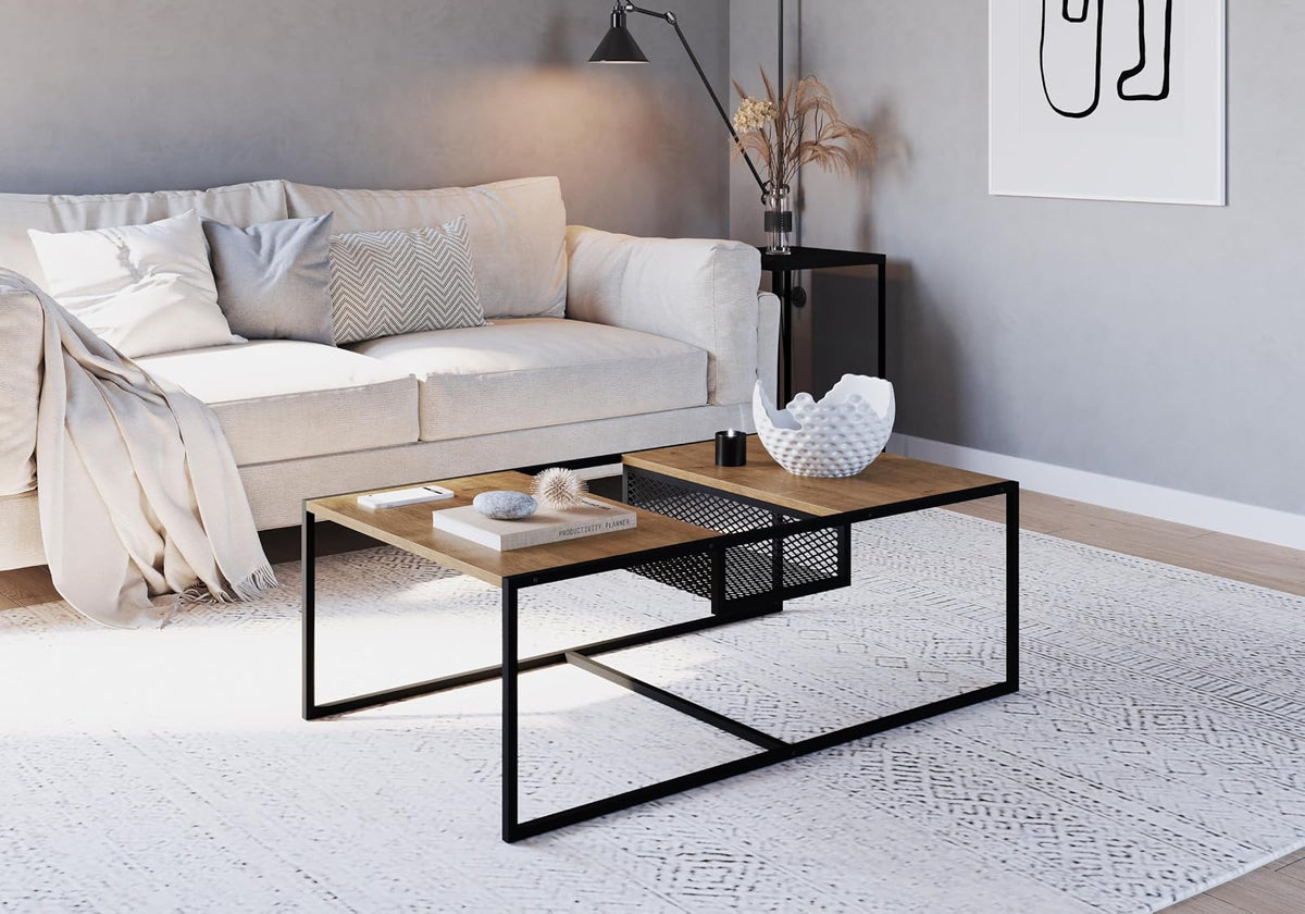 TUGOW Alterego Mesa de Centro Noemi Rectangular Color Negro y Madera con 2 Tableros y Estructura Metálica de Acero MDP