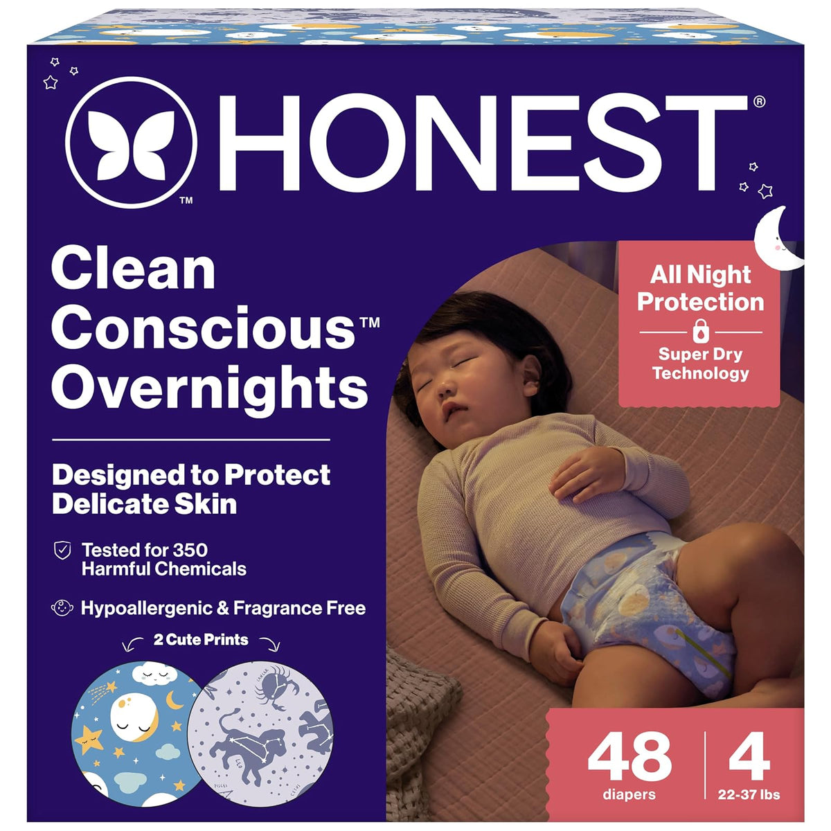 The Honest Company Clean Conscious - Pañales nocturnos | A base de plantas, sostenibles | Cozy Cloud + Star Signos | Caja Club, tamaño 4 (22-36 libras), 48 unidades