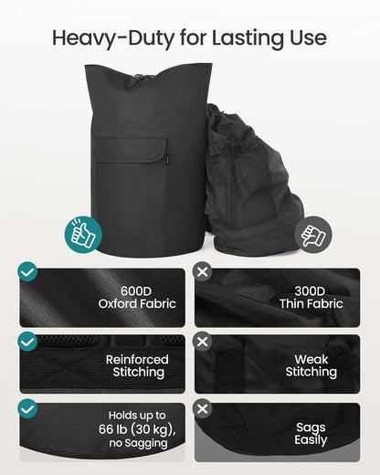 SONGMICS - Bolsa de lavandería, mochila de lavandería de 31.7 galones (120 l), resistente, grande con parte superior extensible, tela Oxford, correas anchas para los hombros y bolsillo con solapa