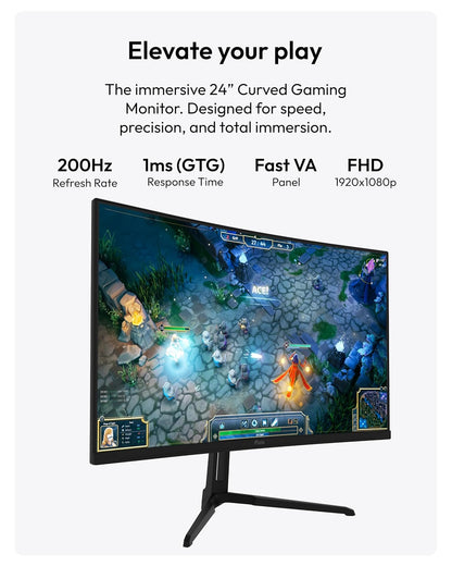 PIXIO PXC248 Wave 24 Inch 200Hz Refresh Rate FHD 1080p Resolution 1500R Curve Fast VA Panel 1ms GTG Response Time Adaptive Sync HDR Curved Gaming Monitor