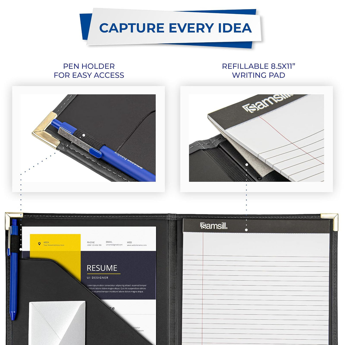 Samsill Classic Collection - Portafolio de trabajo con esquinas de latón, tamaño carta, con forro y bloc de escritura, negro, Plano, Negro