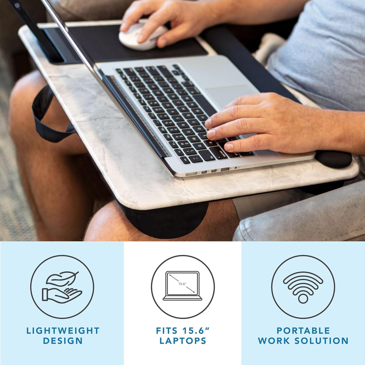 LapGear Home Office Pro - computadora de regazo con reposamuñecas, alfombrilla para mouse y soporte para teléfono, mármol blanco, se adapta a portátiles de hasta 15.6 pulgadas, estilo n.º 91591