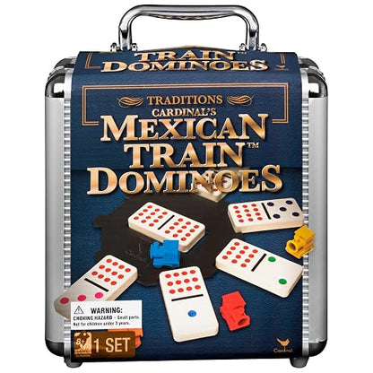 Spin Master Games, juego de dominó de tren mexicano, juego de mesa de azulejos en estuche de transporte de aluminio, juegos para la noche de juegos familiares