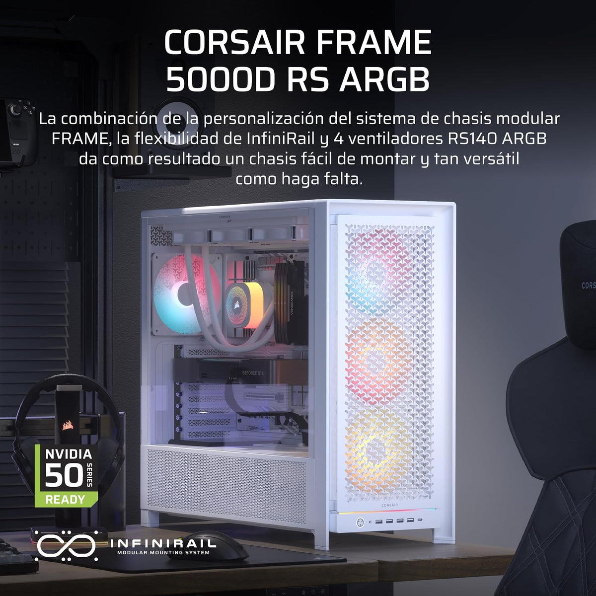 Corsair Frame 5000D RS ARGB Caja Modular Mid-Tower de Gran Flujo de Aire para PC – 4X Ventiladores RS Preinstalados, Sistema de Montaje de Ventiladores InfiniRail – Blanc