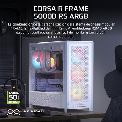 Corsair Frame 5000D RS ARGB Caja Modular Mid-Tower de Gran Flujo de Aire para PC – 4X Ventiladores RS Preinstalados, Sistema de Montaje de Ventiladores InfiniRail – Blanc