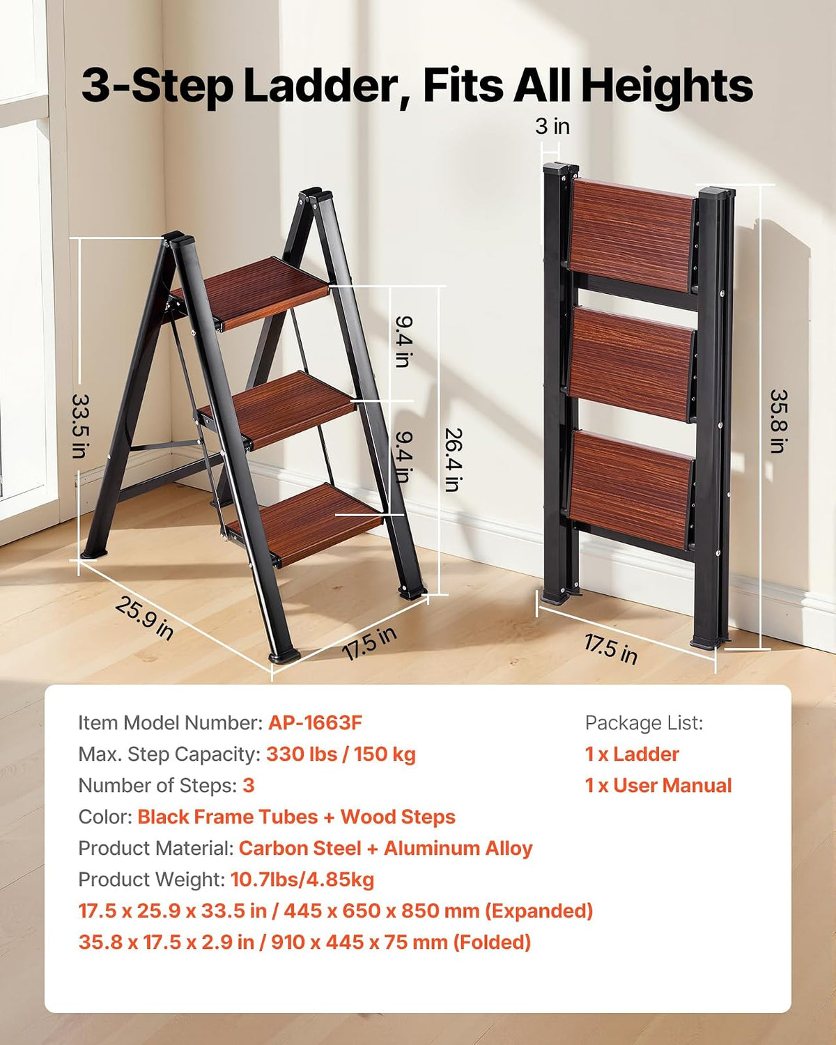 VEVOR Escalera Plegable 3 Peldaños, Escalera de Tijera con Pedal Ancho Antideslizante y Empuñadura Cómoda, Capacidad de 150 kg, Taburete Multifuncional para Cocina, Hogar, Plantas, Reparaciones