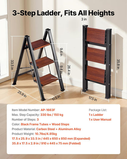 VEVOR Escalera Plegable 3 Peldaños, Escalera de Tijera con Pedal Ancho Antideslizante y Empuñadura Cómoda, Capacidad de 150 kg, Taburete Multifuncional para Cocina, Hogar, Plantas, Reparaciones