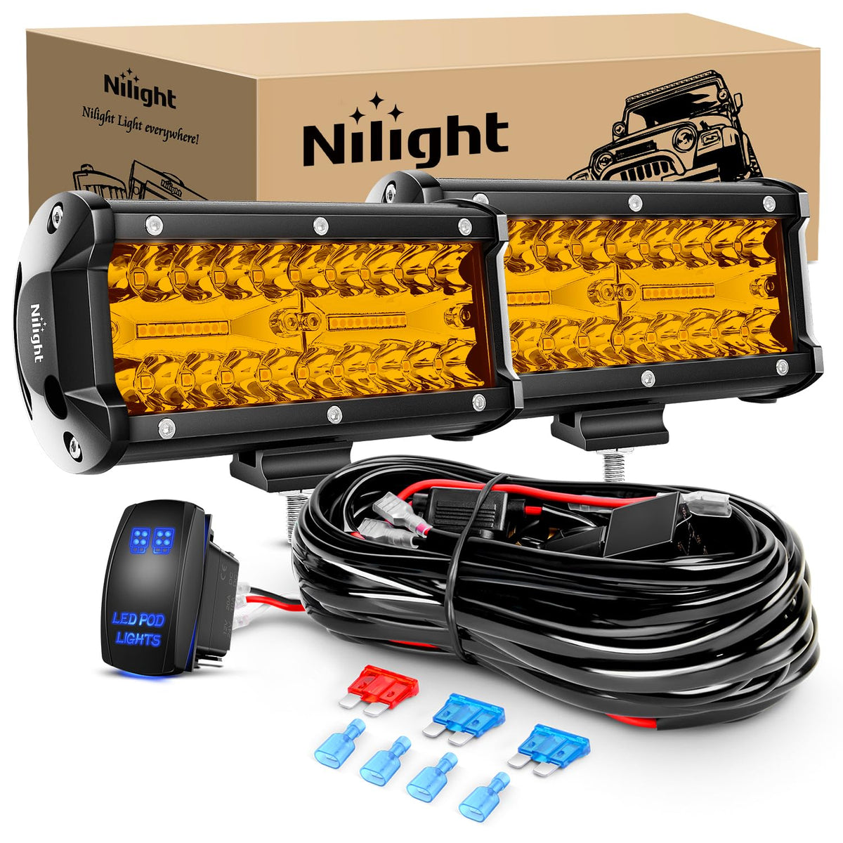 Nilight - Barra de luz LED de 6.5 pulgadas ámbar 120 W Combo de inundación de punto impermeable, triple fila, luces antiniebla todoterreno con 12 V 5 pines, kit de arnés de cableado de interruptor