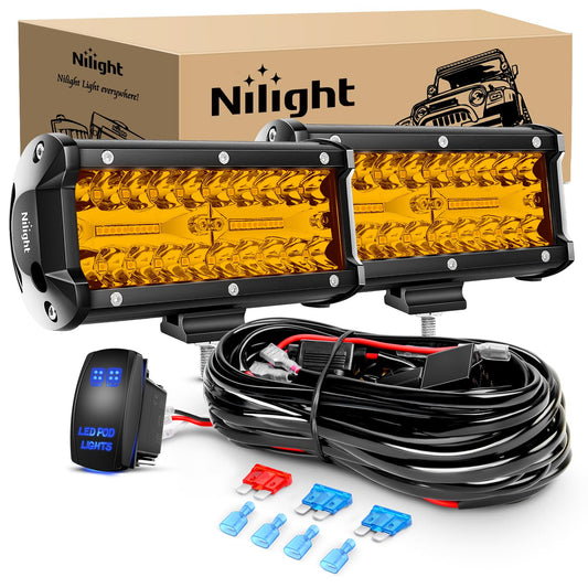 Nilight - Barra de luz LED de 6.5 pulgadas ámbar 120 W Combo de inundación de punto impermeable, triple fila, luces antiniebla todoterreno con 12 V 5 pines, kit de arnés de cableado de interruptor