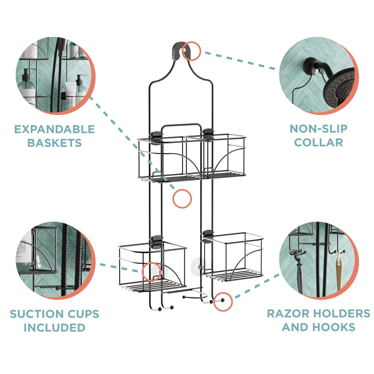 Zenna Home Zenith Products 7446ss - Organizador de regadera Extensible para regadera de Mano o Botellas Altas, Bronce, 1