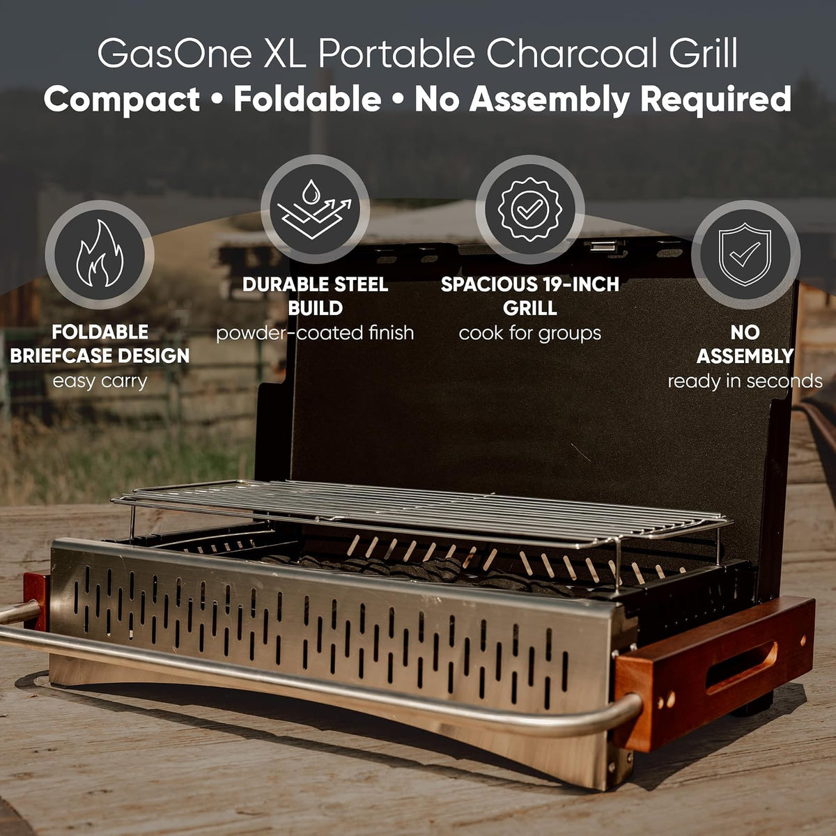 GasOne XL - Parrilla portátil de carbón – portafolios plegable de 24.5 x 18.5 pulgadas con tapa, ligero y compacto ahumador de carbón para camping, jardín, playa, patio trasero, sin montaje