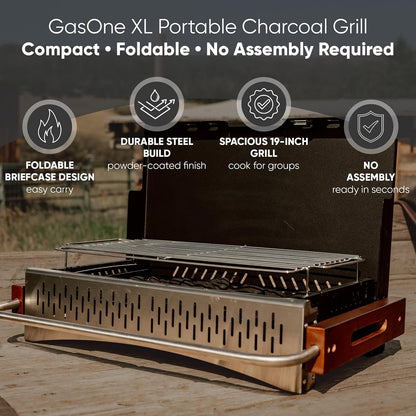 GasOne XL - Parrilla portátil de carbón – portafolios plegable de 24.5 x 18.5 pulgadas con tapa, ligero y compacto ahumador de carbón para camping, jardín, playa, patio trasero, sin montaje