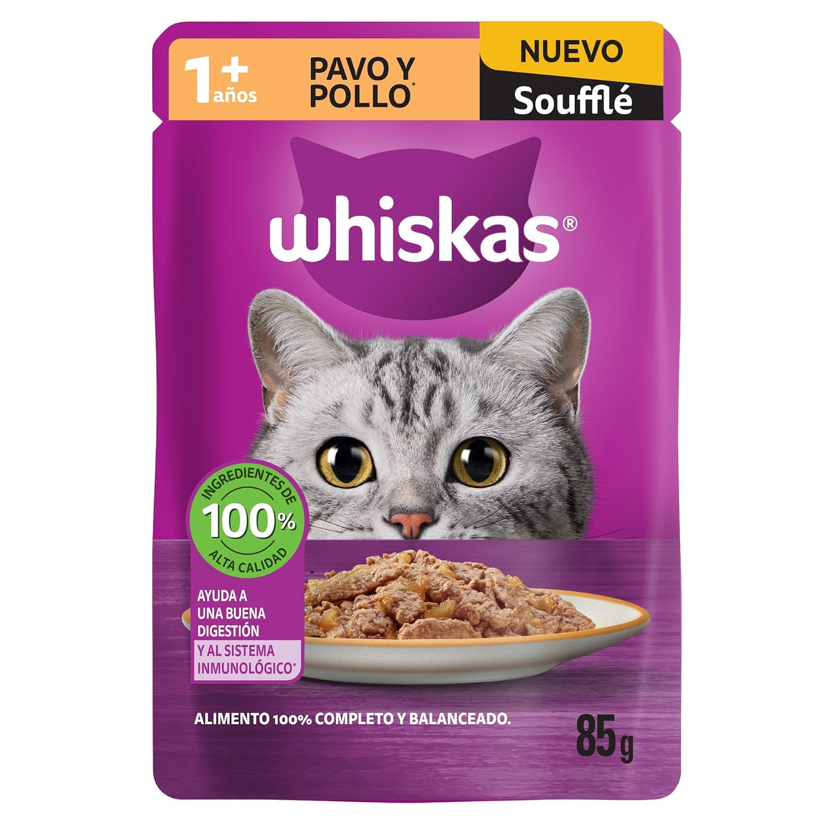 Alimento húmedo para gatitos Whiskas, formato soufflé, paquete de 24 sobres de 85 g - Pollo y Pavo - Alimento Húmedo