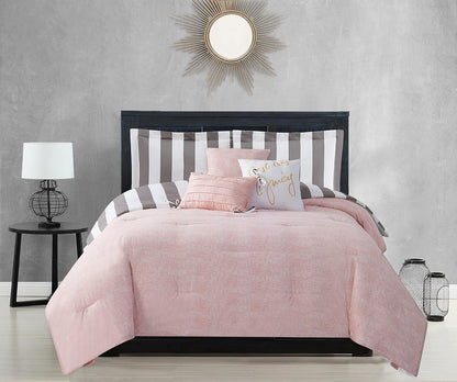 Juicy Couture - Juego de edredón, diseño de Rayas de cabaña, Juego de Cama Individual, Juego de 5 Piezas Incluye 1 edredón, 1 Funda y 3 Almohadas Decorativas, 100% Microfibra de poliéster, Resistente