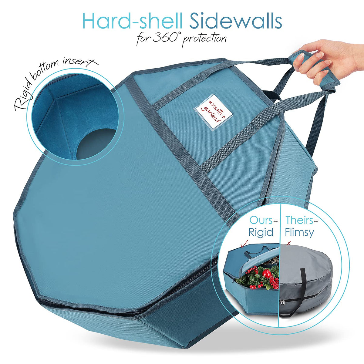 Hearth & Harbor Contenedor de almacenamiento para coronas de Navidad – Bolsa de almacenamiento rígida para coronas de Navidad con bolsillos interiores, doble cremallera y asas – Caja organizadora de
