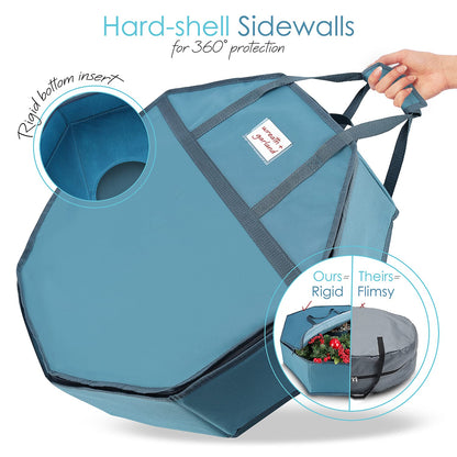 Hearth & Harbor Contenedor de almacenamiento para coronas de Navidad – Bolsa de almacenamiento rígida para coronas de Navidad con bolsillos interiores, doble cremallera y asas – Caja organizadora de
