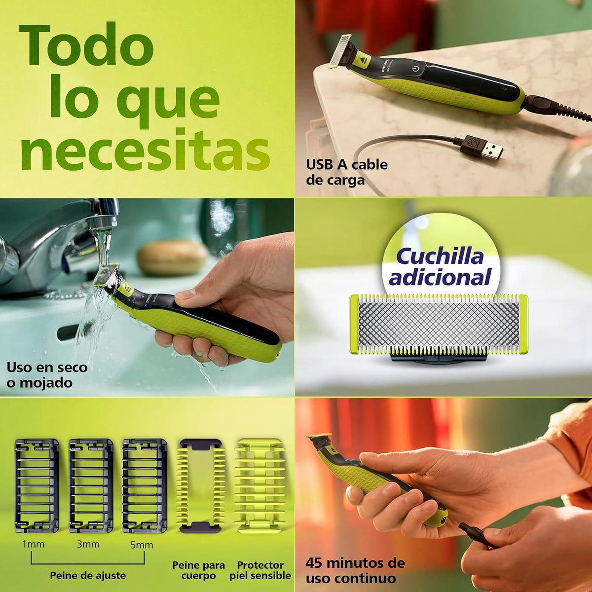 Philips OneBlade Afeitadora y Recortadora Eléctrica Face & Body para Hombre | Recorta, perfila y afeita | Corta el vello, no tu piel | Uso seco y húmedo | 5 accesorios y cuchilla adicional | QP2824/10