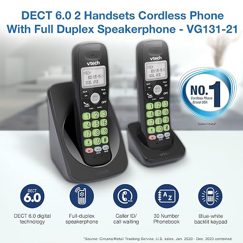VTech - Teléfono inalámbrico con 2 teléfonos DECT 6.0, Altavoz dúplex Completo, visualización iluminada, Teclado retroiluminado, identificación de Llamadas/Llamada en Espera, Control de Volumen