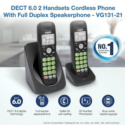 VTech - Teléfono inalámbrico con 2 teléfonos DECT 6.0, Altavoz dúplex Completo, visualización iluminada, Teclado retroiluminado, identificación de Llamadas/Llamada en Espera, Control de Volumen