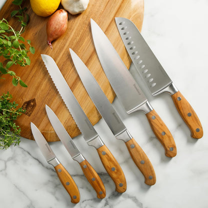 - Juego de 7 cuchillos de cocina de madera de olivo italiano alemán forjado de acero inoxidable, dos veces la marca ganadora de las cosas favoritas de Oprah
