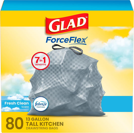Glad OdorShield Tall Kitchen Drawstring Trash Bags, Fresh Clean, 13 Gallon, 80 Count