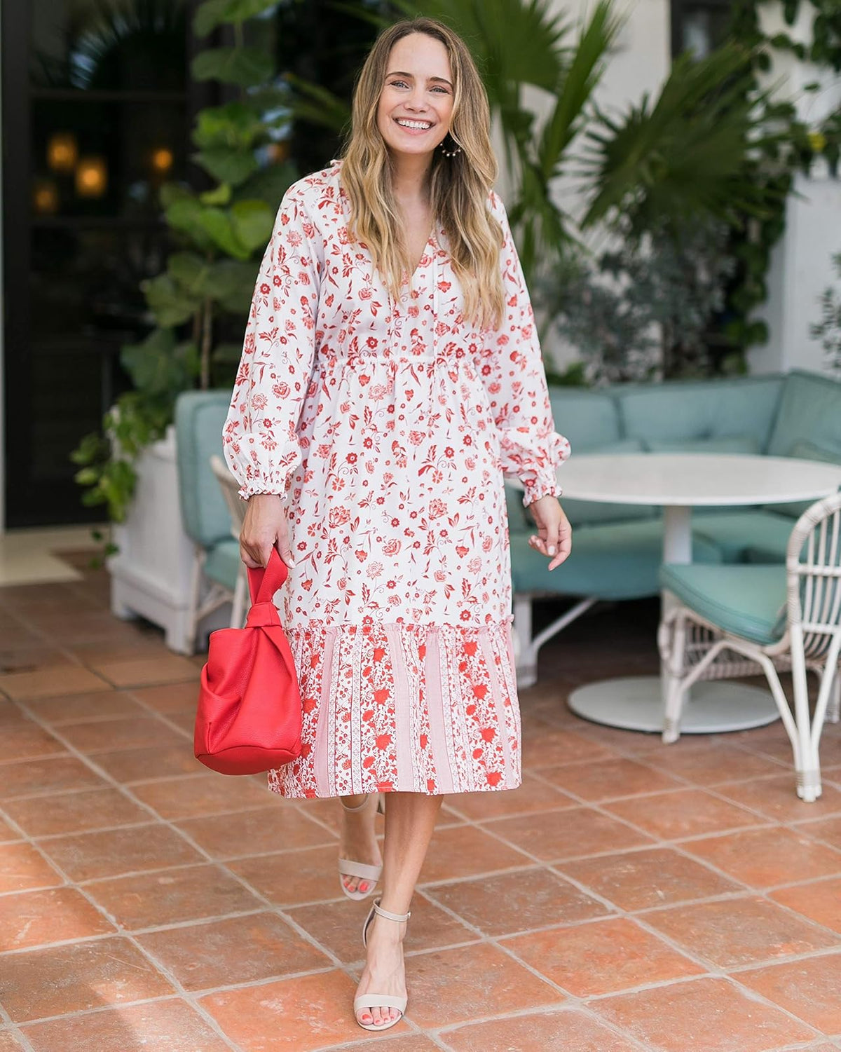 The Drop Vestido Para Mujer Con Estampado Floral Marfil, Volado, Con Lazo En El Cuello por @graceatwood