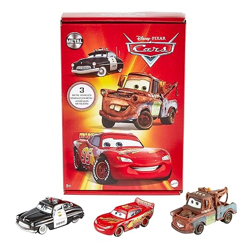 Mattel Disney and Pixar Cars Toys, resortes de radiador, paquete de 3 automóviles y camiones de juguete fundidos a presión con Lightning McQueen, Mater & Sheriff
