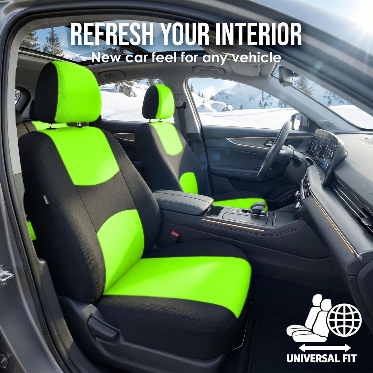 FH GROUP FH-FB050217 Three Row Set Flat Cloth Car Seat Covers (4 Bucket Covers, 1 Solid Bench Cover), Green/Black Color - Fit Most Car, Truck, SUV, or Van