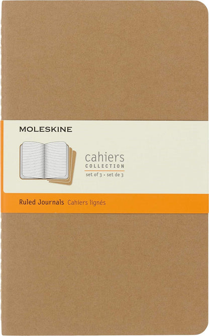 Moleskine Cahier - Diarios (3 unidades), tamaño grande, (5 x 8.25), cubierta suave, Rayado, Kraft marrón