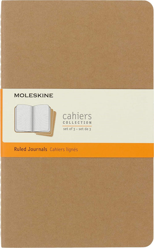 Moleskine Cahier - Diarios (3 unidades), tamaño grande, (5 x 8.25), cubierta suave, Rayado, Kraft marrón