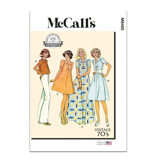 McCall's M8492U5 clásico 1970's Misses - Paquete de patrón de costura para vestido o superior, código de diseño M8492, tallas 16-18-20-22-24
