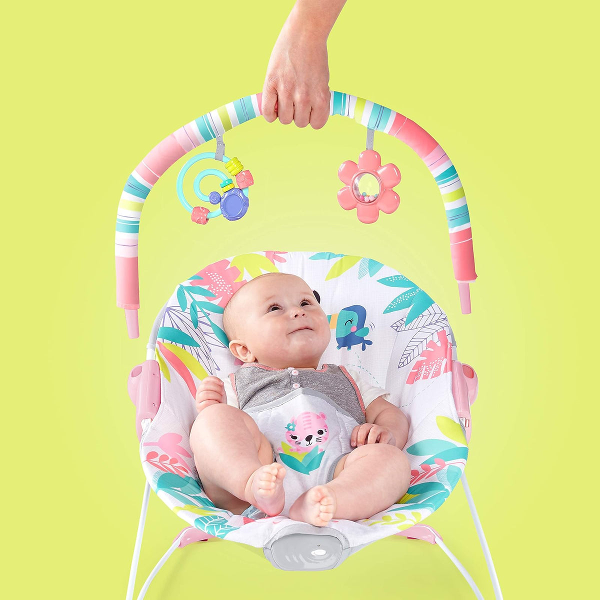 Bright Starts Bouncer Silla Mecedora de Flamingo para Bebé, Vibraciones relajantes, Arnés de 3 puntos, de 0 a 6 meses