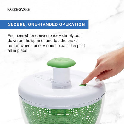 Farberware - Bomba giratoria profesional fácil de usar con tazón, colador y sistema de drenaje integrado para ensaladas y productos frescos, crujientes y limpios, 6.6 cuartos de galón, verde