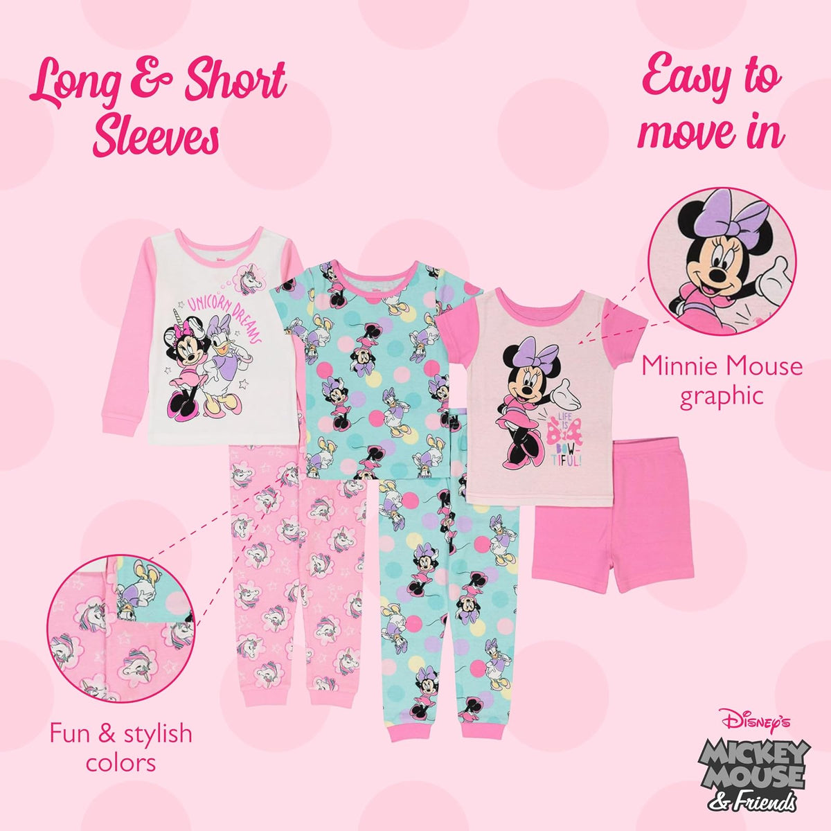 Disney Frozen | Minnie Mouse | Conjunto de Pijama de algodón Ajustado de 6 Piezas Juego de Pijama para Niñas