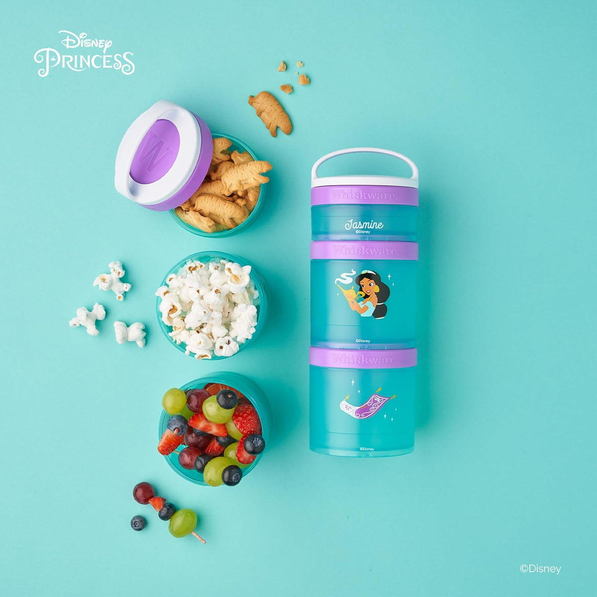 Whiskware Disney Princess Aladdin, contenedores apilables para bebés, niños y niños, 3 tazas apilables para aperitivos para la escuela o viajes, mochila y portavasos, alfombra mágica y jazmín