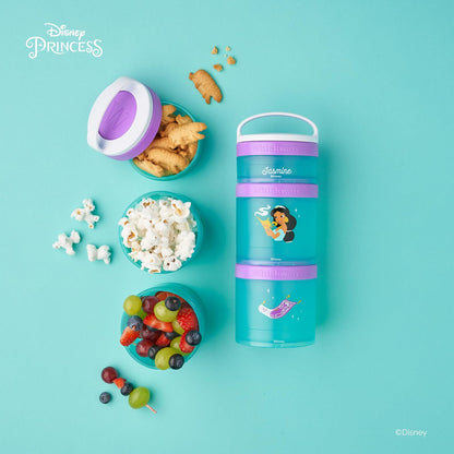 Whiskware Disney Princess Aladdin, contenedores apilables para bebés, niños y niños, 3 tazas apilables para aperitivos para la escuela o viajes, mochila y portavasos, alfombra mágica y jazmín