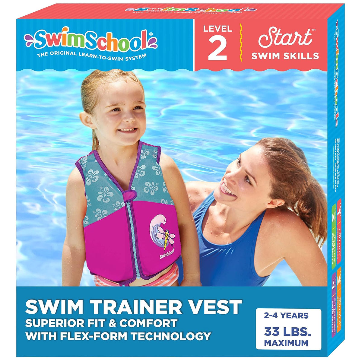 Swimschool - Entrenador de natación, talla pequeña/mediana, chaleco de natación con mangas para los hombros, correa de seguridad ajustable y cuello extraíble para la barbilla, rosa y aguamarina - Chaleco de natación S - M rosa - Aqua - Pequeño - Mediano