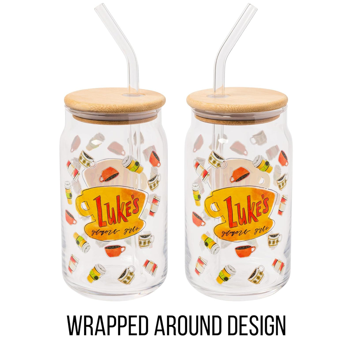 Silver Buffalo Gilmore Girls Luke's Diner - Vaso de vidrio con tapa de bambú y popote de vidrio, 16 onzas