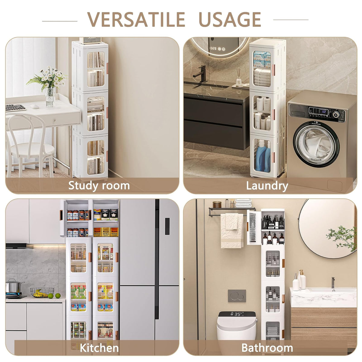 VECELO - clóset de Almacenamiento Estrecho de plástico de 4 Niveles Alto con Ruedas móviles, estantes Ajustables, Puertas magnéticas, organizadores de baño Delgados y Almacenamiento para Espacios