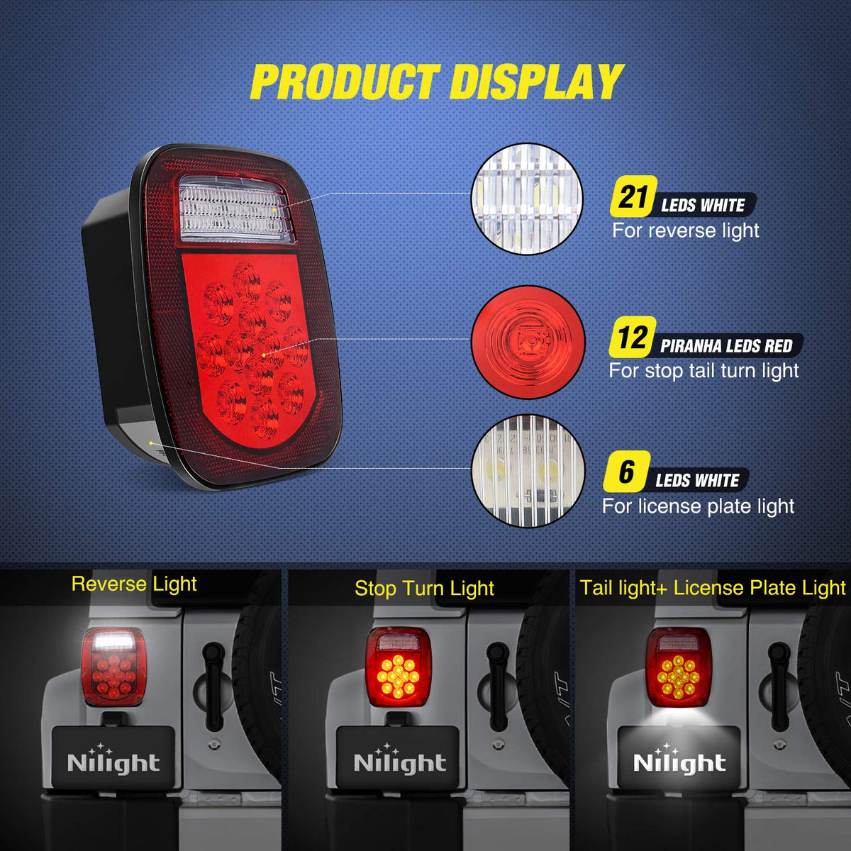 Nilight - TL-21 2 luces traseras universales de 39 LED para camión, remolque, barco, Jeep, 12 V montada en tornillo rojo/blanco, 2 años de garantía